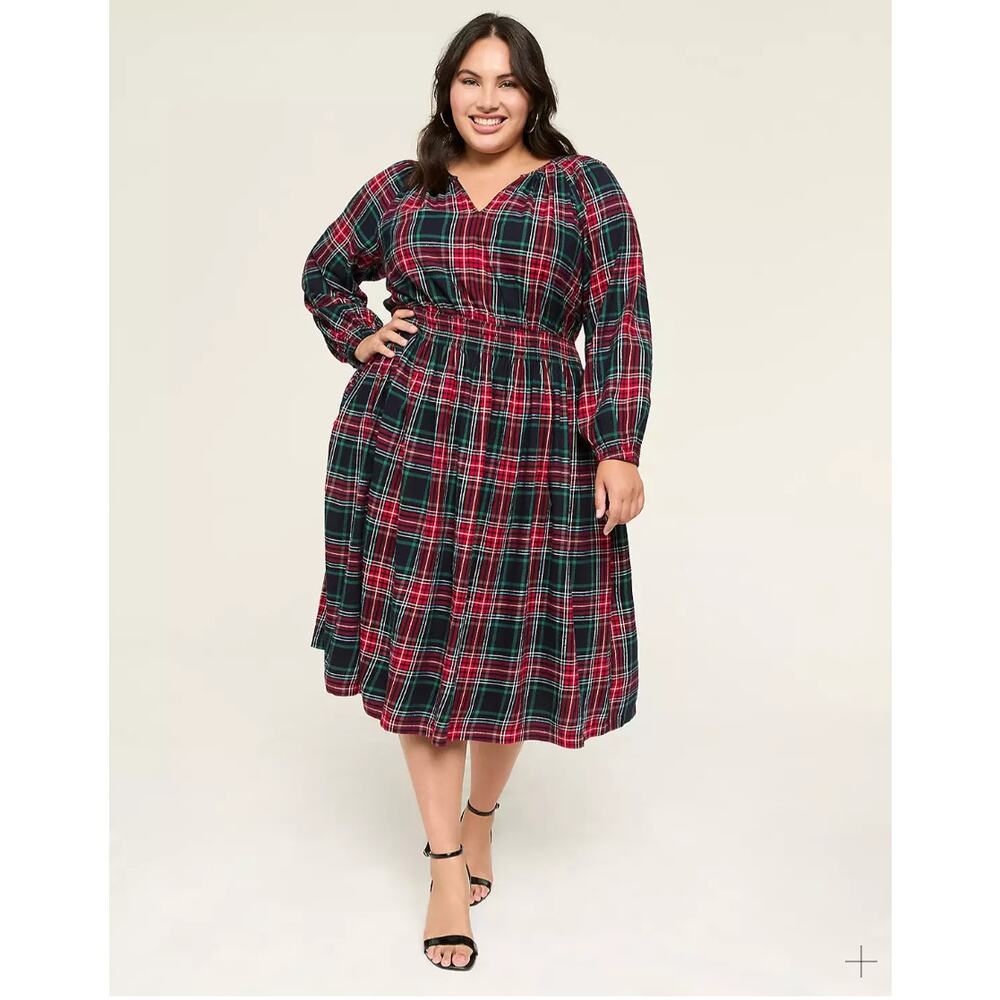 Lane Bryant Dress Womens 20 Red Green Plaid Lurex Smocked Midi Shimmer Flannel